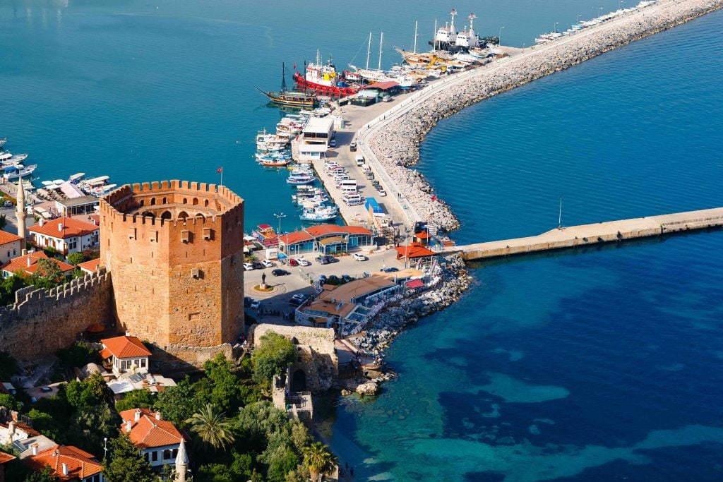 Kizil Kule tower in Alanya peninsula, Antalya district, Turkey, Asia. Famous tourism destination. Ottoman Empire.